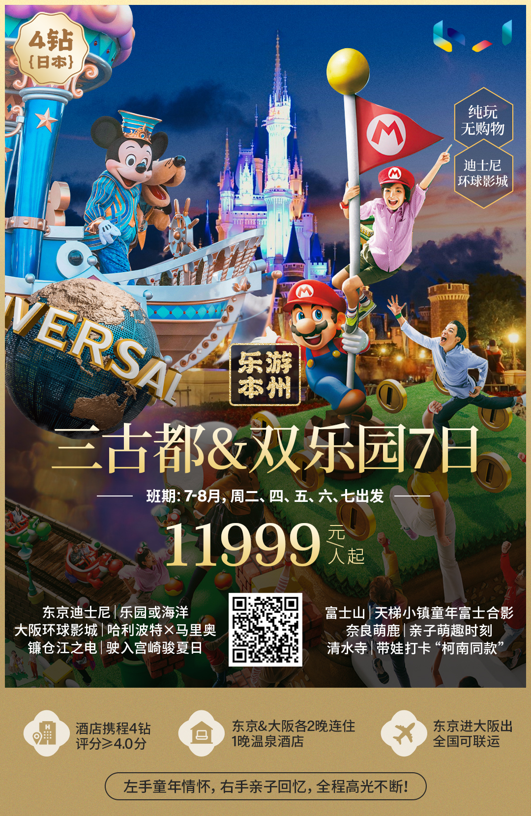 4钻 双乐园畅玩7日 【25人团型】  优选东航，东进阪出，不走回头路，可配全国联运