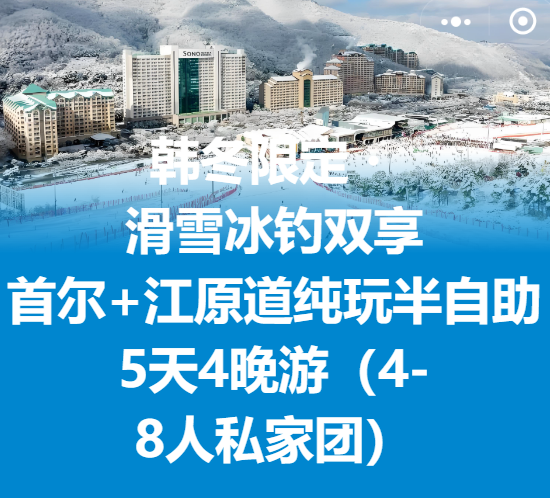 【韩冬限定*滑雪冰钓双享】--首尔+江原道纯玩半自助5天4晚游（4-8人私家团）