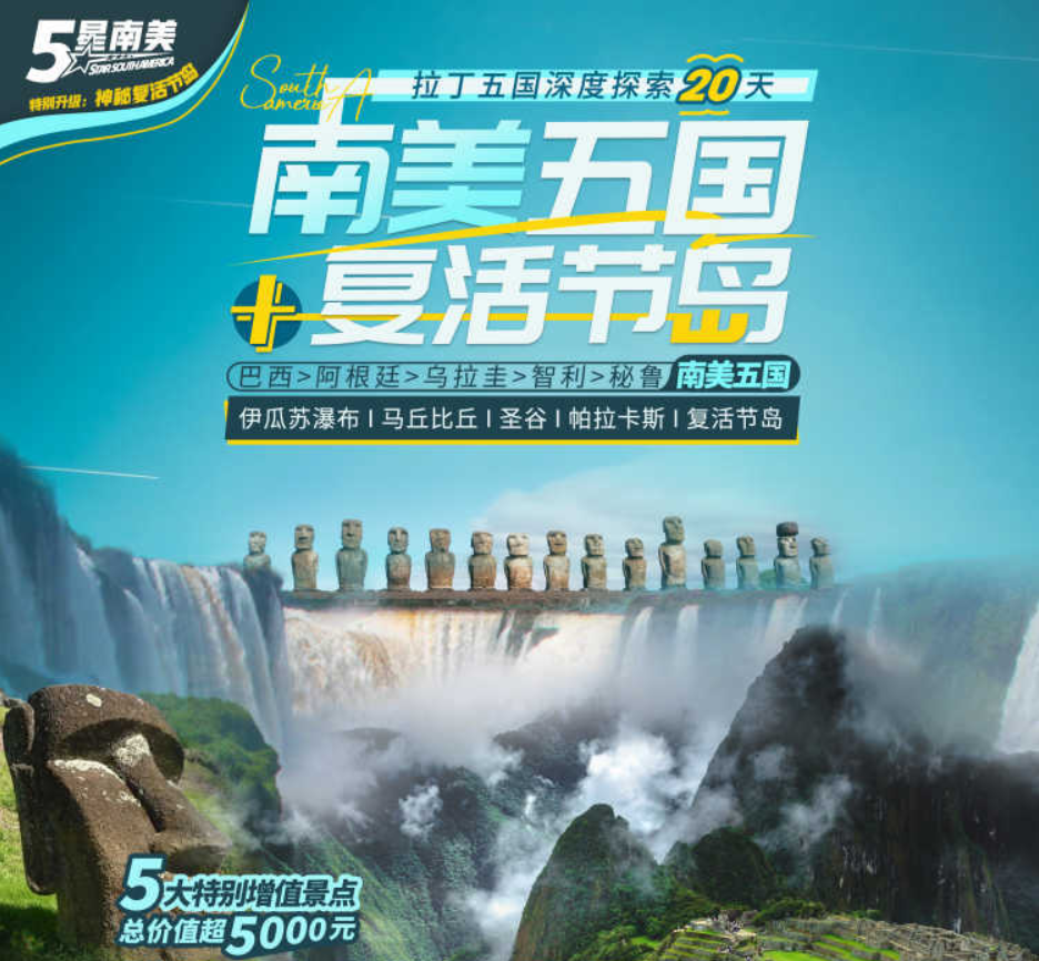 【五星南美】南美五国+（复活节岛）+伊瓜苏瀑布+马丘比丘+圣谷20天